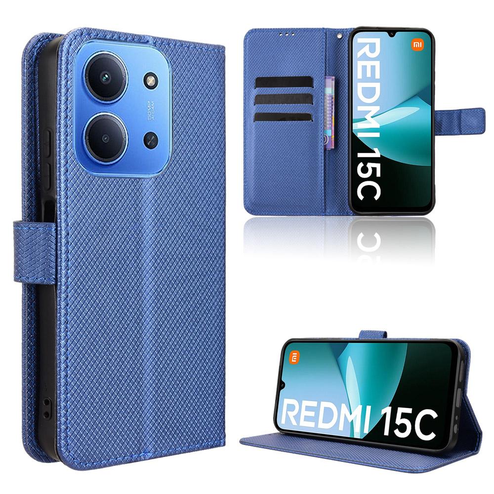 For Xiaomi Redmi 15C 4G (171mm) Leather Wallet Case with Strap Diamond Texture Phone Cover