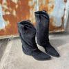 In Stock: Women's Retro High-Top Pointed Toe Knee-High Suede Slouch Boots with Chunky Heel