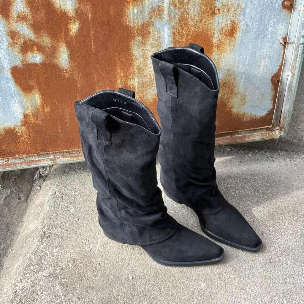 In Stock: Women's Retro High-Top Pointed Toe Knee-High Suede Slouch Boots with Chunky Heel