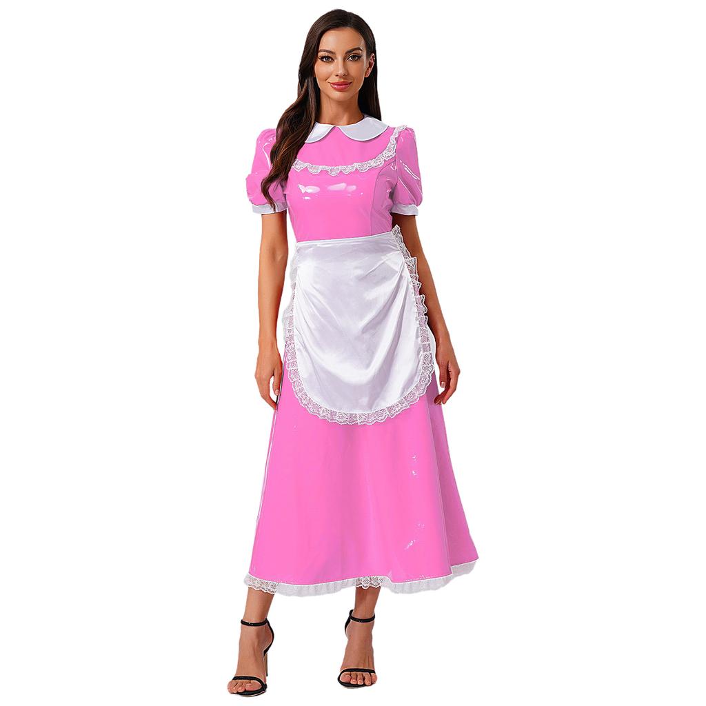 Women French Maid Dress Satin Lapel Collar Lace Trim Short Sleeve Wet Look PU Maxi Apron Costume