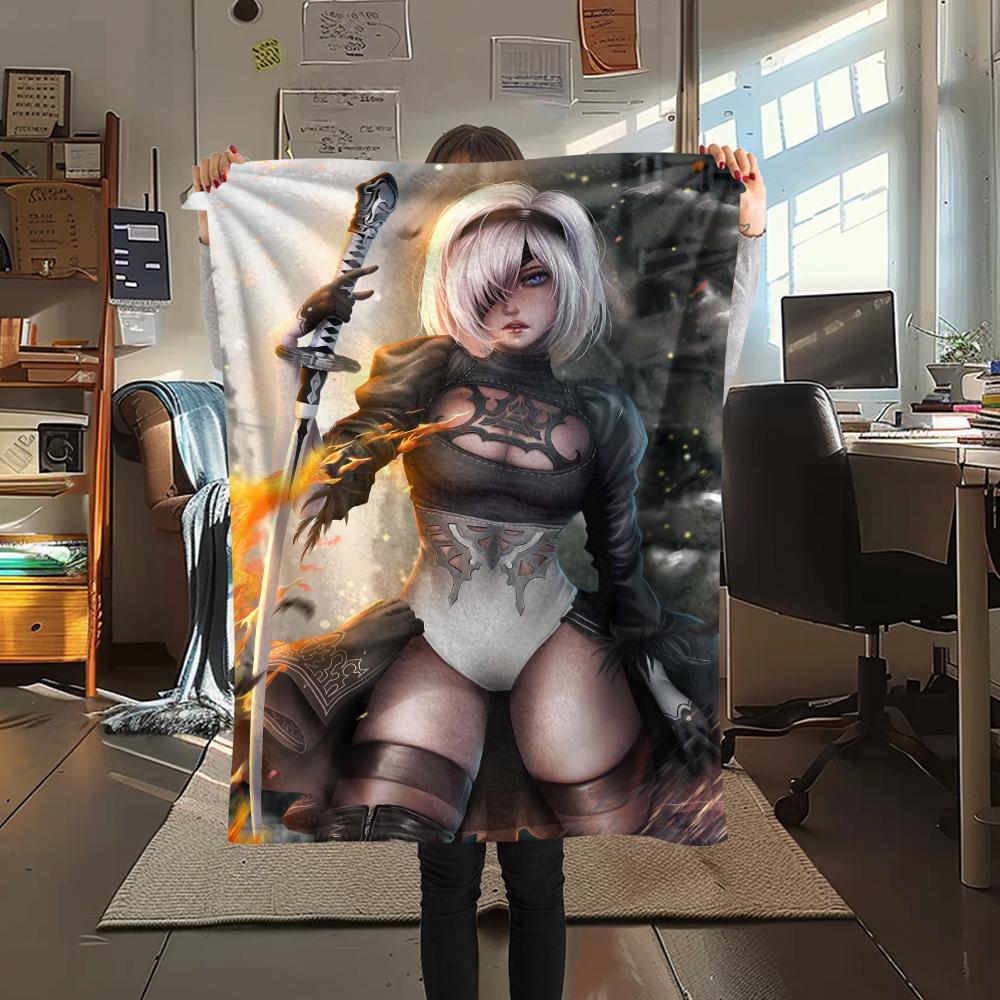 1Pc Yorha 2b Print Flannel Blanket, High quality Comfortable for All Seasons, Home Decor, Warmth and Comfort, Perfect for Christmas Gifts