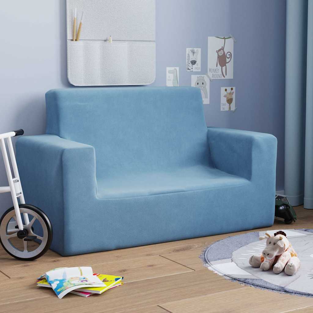 Kids Sofa 2 Seater Blue Soft Plush