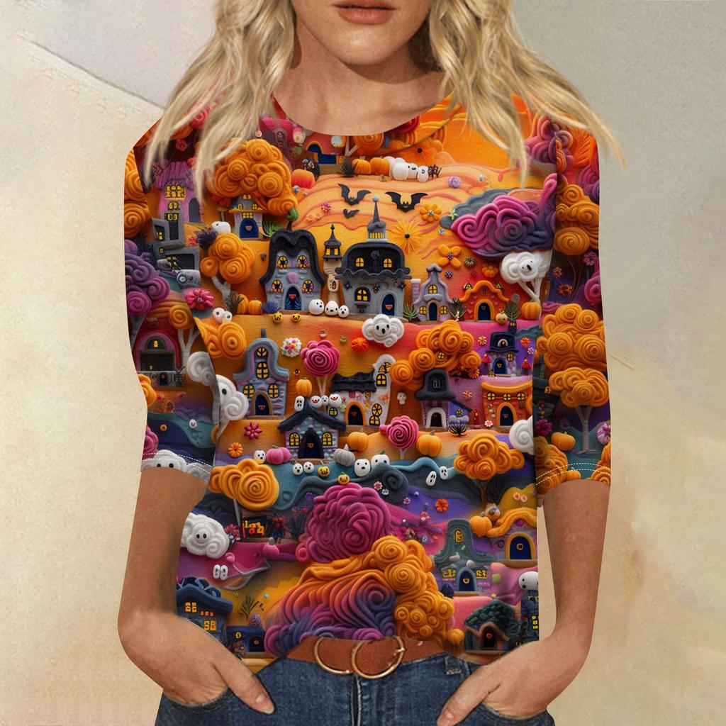 3/4 Sleeve Shirts For Women Cute 3D Halloween Printed Graphic Tees Blouses Casual Plus Size Basic Tops Pullover
