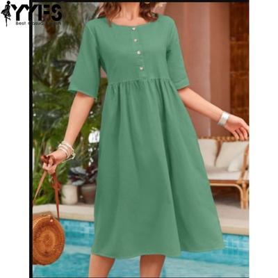 Moteriškos mados vasaros pavasario vienspalvės spaudos trumpomis rankovėmis O formos iškirpte, laisvos juosmens kasdieninės suknelės