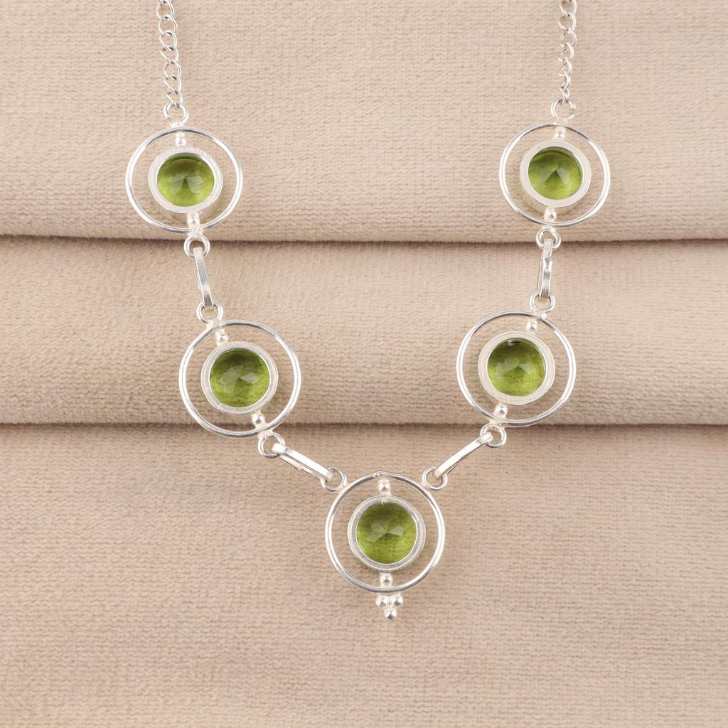 Peridot Ädelsten Silver Halsband 16-18" , 925 Sterling Silver Handgjorda Smycken, Partywear Halsband, Peridot Halsband Gåva Till Kvinnor RN-2-6