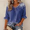 Women's Retro Floral Print Ruffle Three-Quarter Sleeve Blouse with Tie Neck