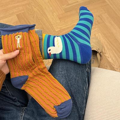 Japanese-Style Cute Cartoon Doll Striped Ruffle Socks - Spring & Summer Mid-Calf Cotton with Funny Embroidery