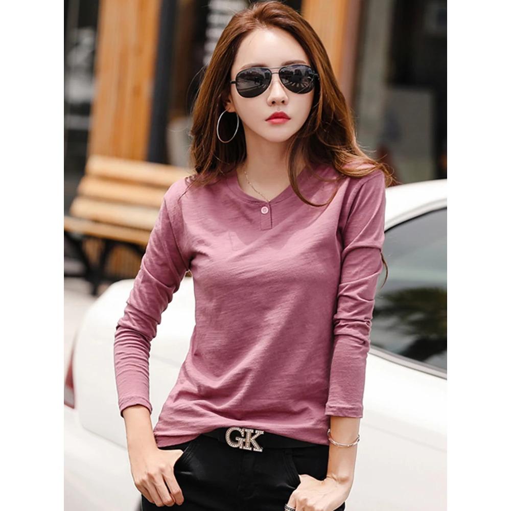 2025 Long Sleeve Spring Women Slub Cotton T Shirts Female Button Green V-Neck Solid Color T-shirt Coffee Korean Soft Loose Tops