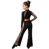 Tuta Jumpsuit Leopardata per Bambine Danza Latina Jazz Collo Alto Manica Lunga Fori per i Pollici Color Block Gamba a Zampa Bodysuit Zip Posteriore per Spettacolo