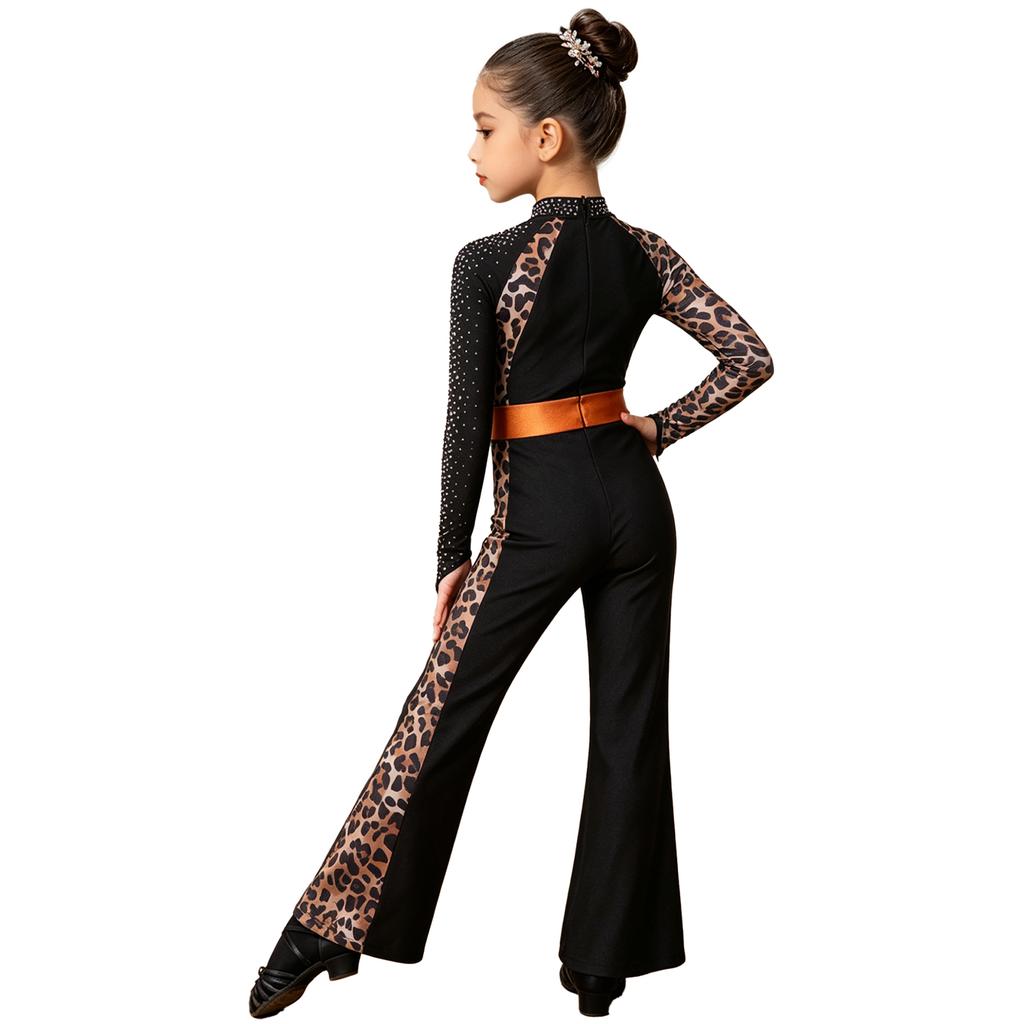 Tuta Jumpsuit Leopardata per Bambine Danza Latina Jazz Collo Alto Manica Lunga Fori per i Pollici Color Block Gamba a Zampa Bodysuit Zip Posteriore per Spettacolo
