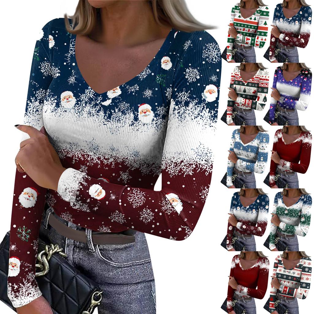 Dámské zimní přiléhavé základní tričko Módní vánoční potisk Výstřih do V Pulovr Top s dlouhým rukávem