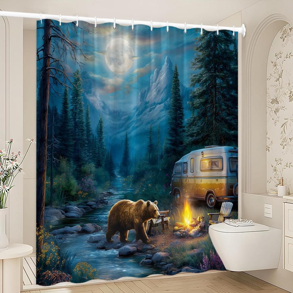 Camping Bear Shower Curtain Moonlit Forest, Bear At Campfire & Retro Van, Outdoor Nature Bath Curtain For Men And Home Decor