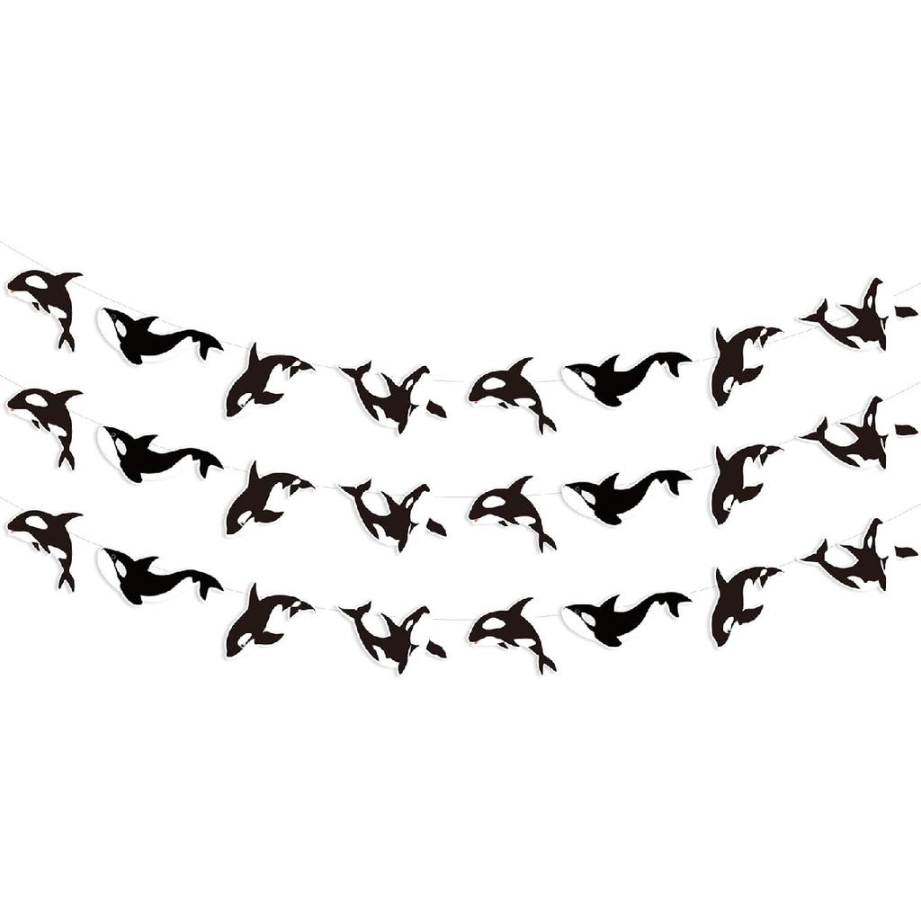 Cheereveal 3 Pack Killer Whale Garlands, Black and White Orca Hanging Banners, Whales Animals Sea Creature Ocean Under The Sea Theme Baby Shower