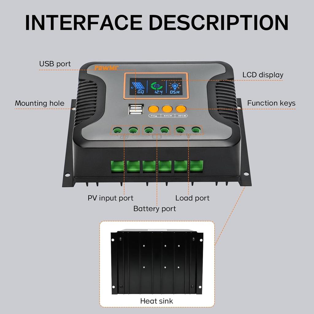 PowMr 30A PWM Solar Charge Controller, 12V 24V 36V 48V Auto, LCD Display and Dual USB Output, Fit for AGM, Gel, FLD, Lead-Acid and Lithium