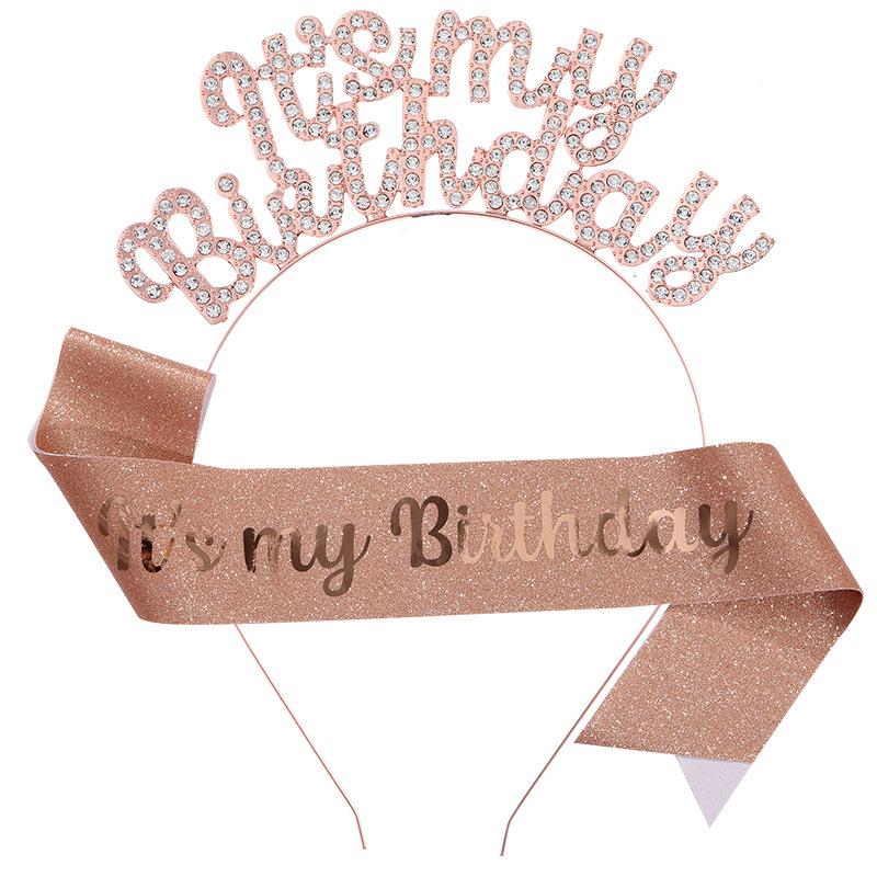 New Birthday Headband Shoulder Strap Etiquette Belt Set IT'S MY BIRTHDAY Women's Headdress Hair Accessories Party