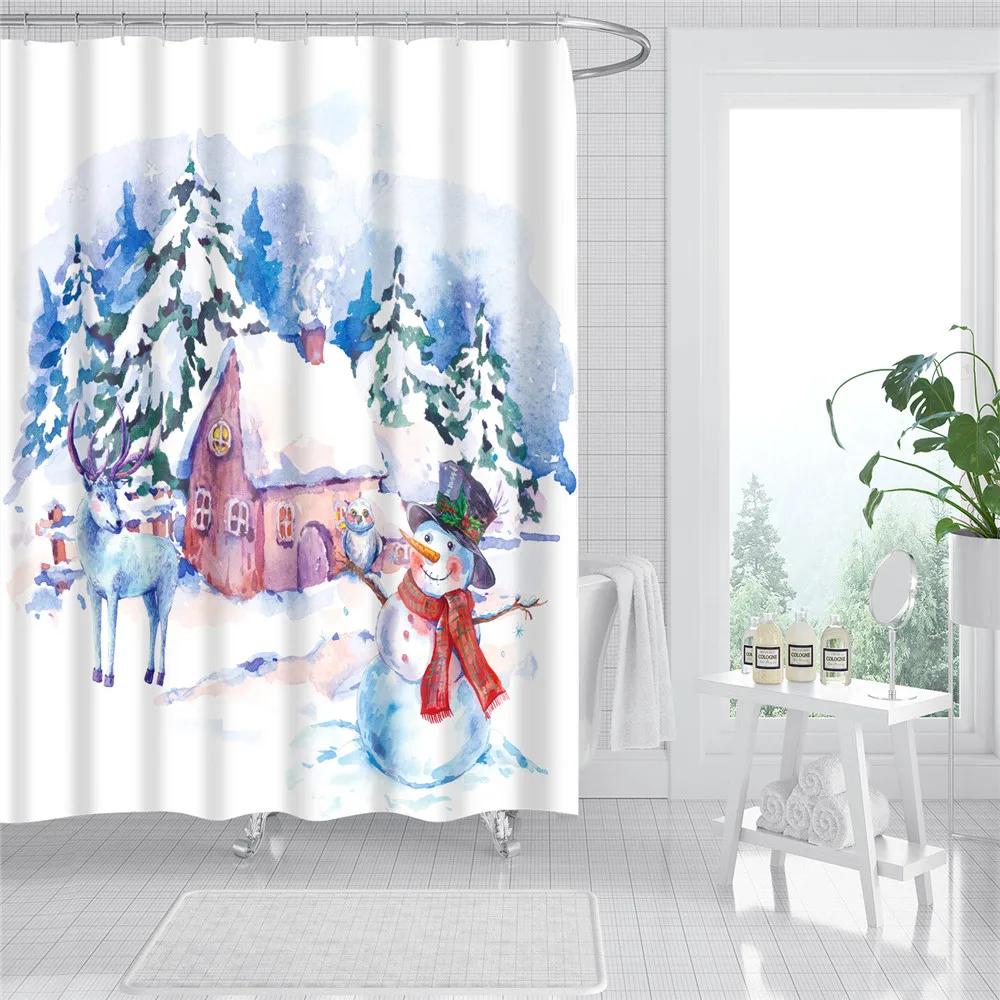 Merry Christmas Shower Curtains New Year Santa Bathroom Decor Bath Curtain Cartoon Snowman Elk Bath Bathroom Curtains