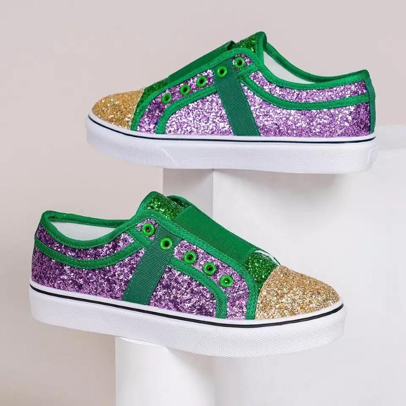 Spring and Autumn Large Size Sequined Board Shoes Flat Bottom Low Top Round Head Casual Women's Glitter Color Matching Women's Single Shoes