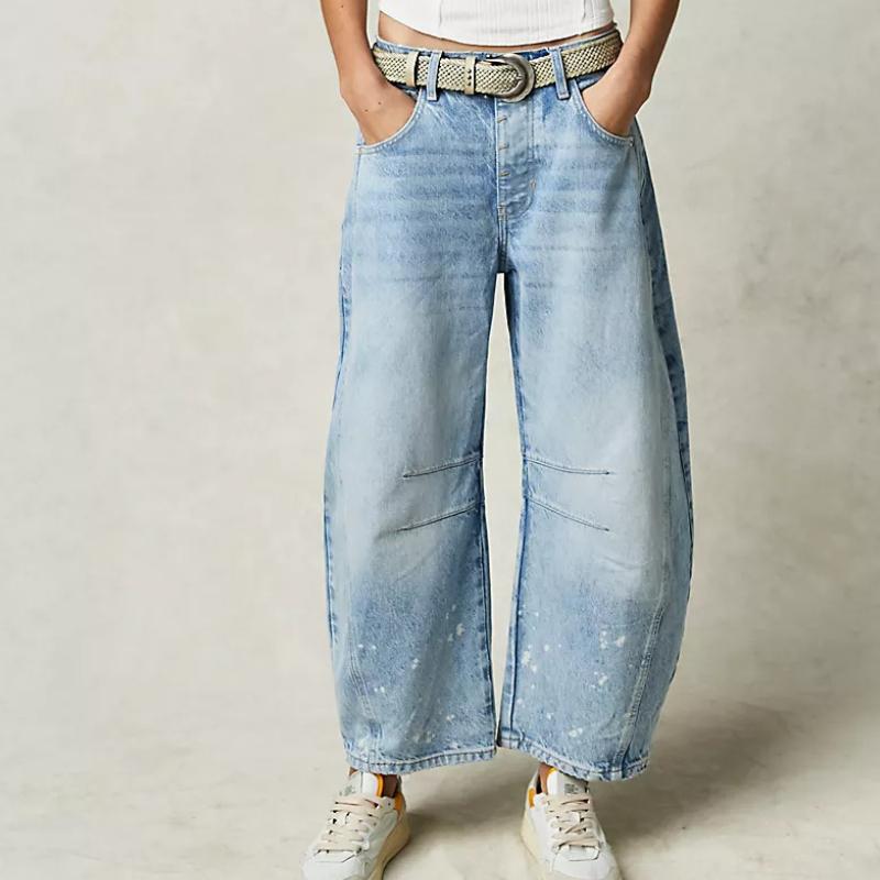 GMXIA Calças largas femininas casuais da moda, calças jeans lavadas de cintura média
