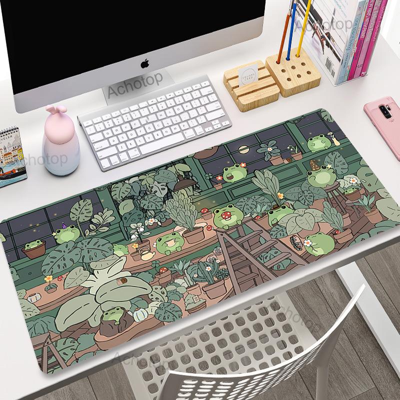 Kawaii frogs Desk Mat Large Gaming Mousepad XXL Cute Mouse Pad Anime Aesthetic Cozi Lofi Plant Green Extended Deskmat x