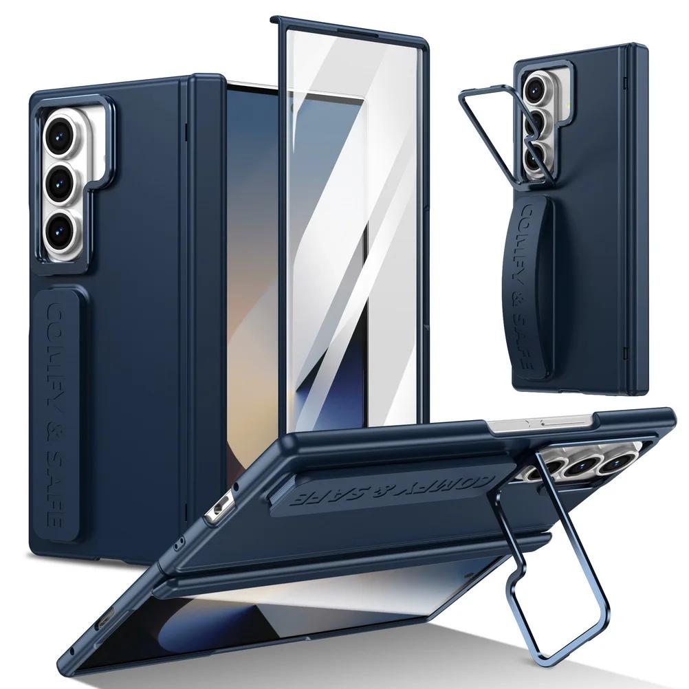

Busine Sle Multifunctional Lens Holder with Wristband Tempered Glass Film Case for Samsung Galaxy Z Fold 7 6 5 4 3 Protect Cover Galaxy Z Fold3 5G синій
