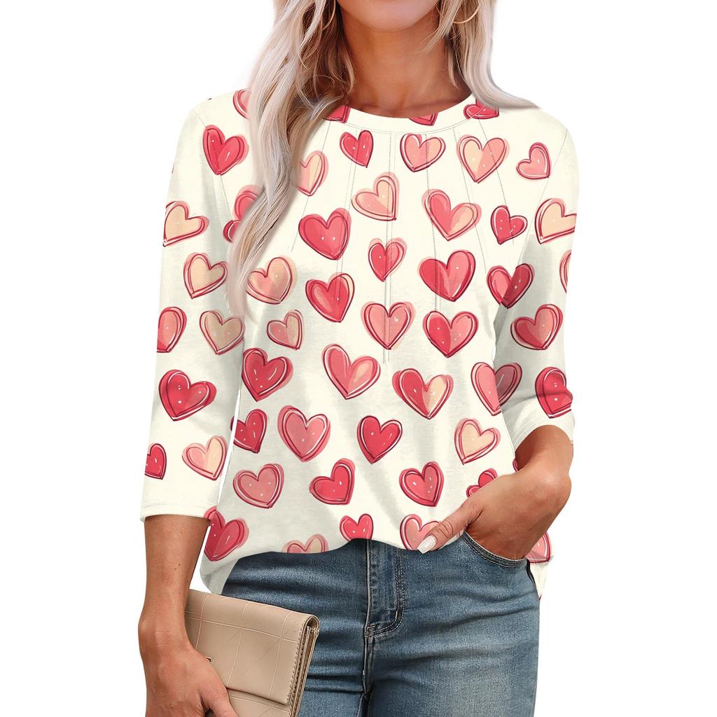 Damen Modisches Rundhals-T-Shirt mit 3/4-Ärmeln, bedruckt, lässig, Basic, Plissee-Pullover