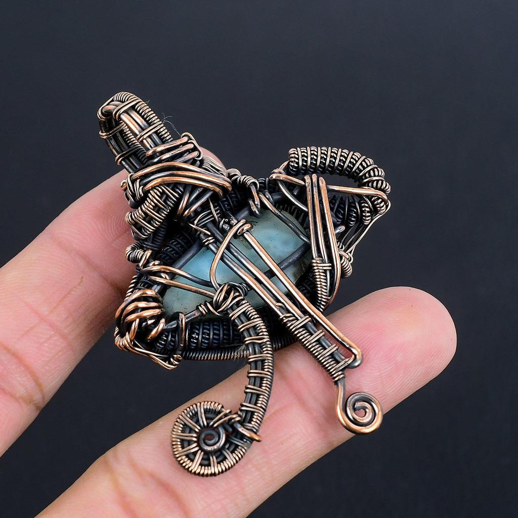 Larimar Pendant Gemstone Jewelry, 999 Copper Wire Wrapped Pendant, Handmade Jewelry Birthstone Pendant, Gift For Him