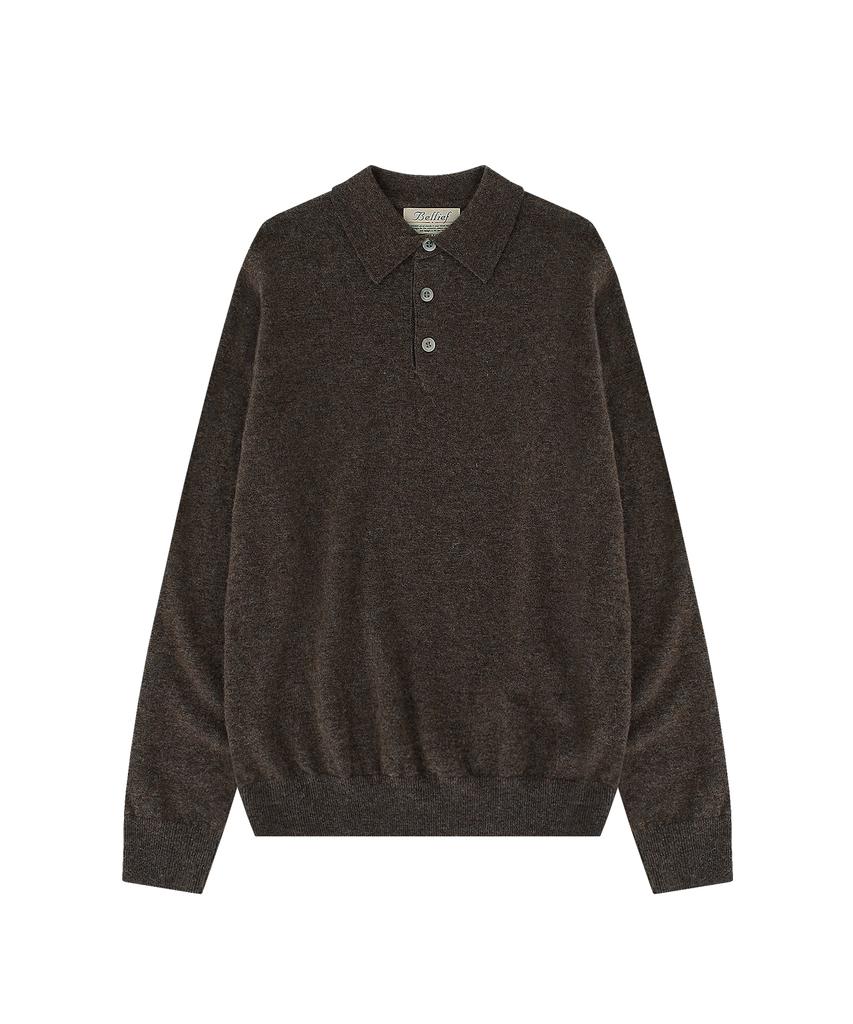 BELLIEF Wool Pique Long Sleeved Polo Knit (Melange Wood)