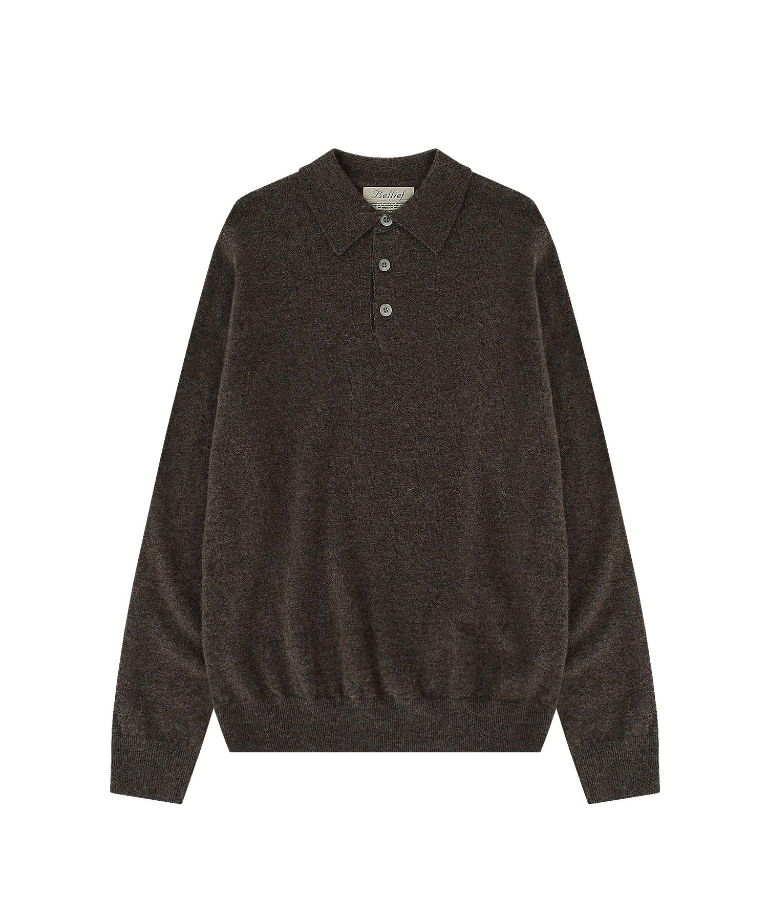Belief Wool Pique Long Sleeved Polo Knit (Melange Wood) M