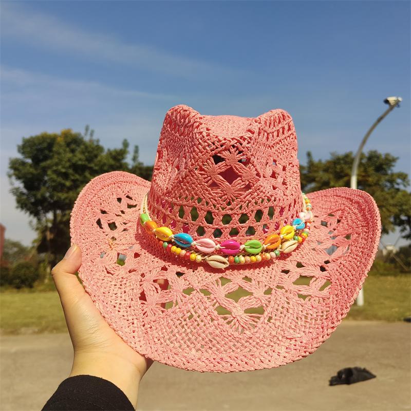 Cowboy Straw Hat for Women Fashion Seashell Straw Cowboy Hat Beach Summer Cowboy Sunshade Jazz Hat Sombrero Vaquero Hombre