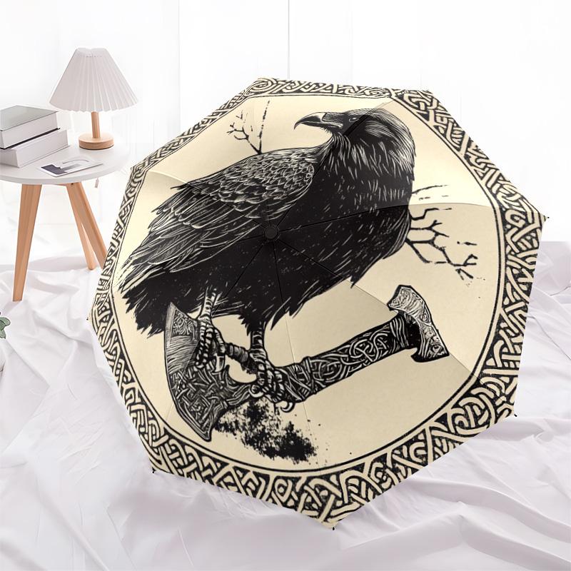 1 PC Automatic Folding Umbrella - Celtic Raven and Axes Pattern, Portable & Foldable Design with 8 Ribs, Christmas Birthday Gifts