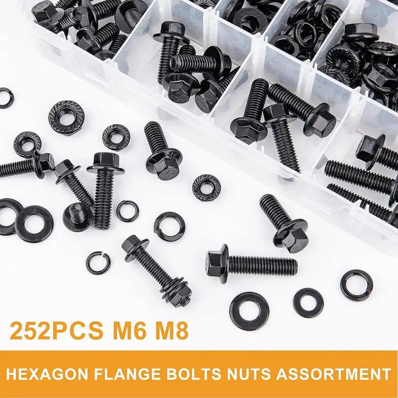 252pcs M6-1.0 M8-1.25 Flange Hex Head Bolt Nut Washer Kit 10.9 Grade Alloy Steel Black Zinc Plated