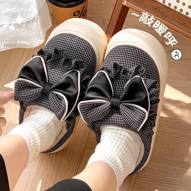 Winter new cotton slippers grid less sweet bow velvet warm thick bottom home outside slippers 36-37