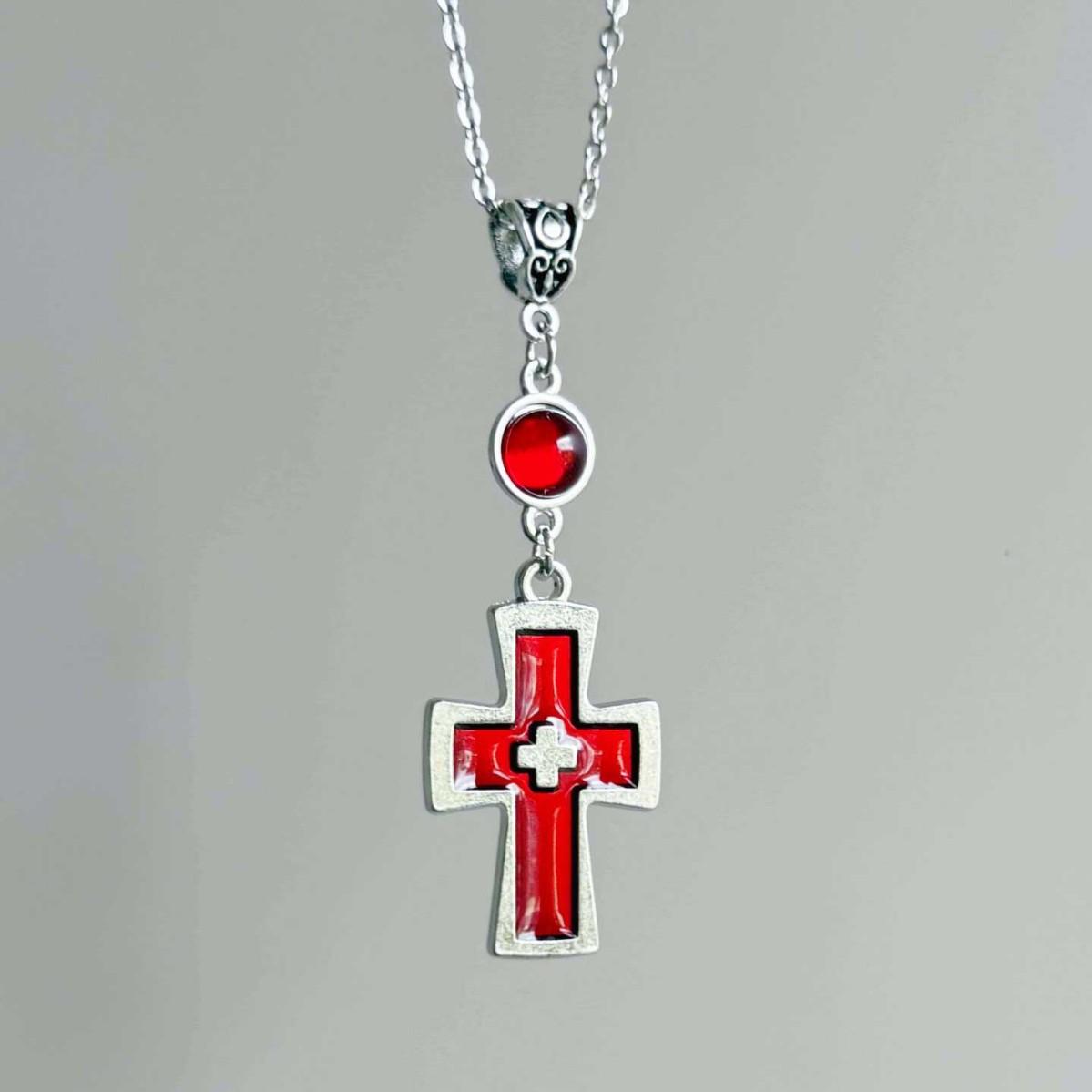 

Gothic Punk Geometry Round Glass Crystal Blood-red Cross-shaped Pendant Necklace for Women Halloween Party Collar Chain Jewelry