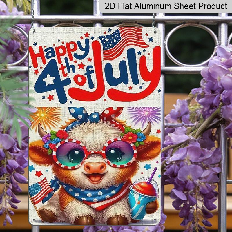 2D Flat 1pc Patriotic Metal Sign, Aluminium Metal Wall Decor, Cute Cow with American Flag Fashion Glasses & Fireworks Design | 12x8 Inch Outdoor