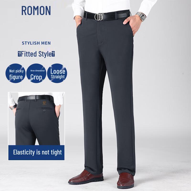 ROMON Men's Business Casual Straight-Leg Stretch Trousers