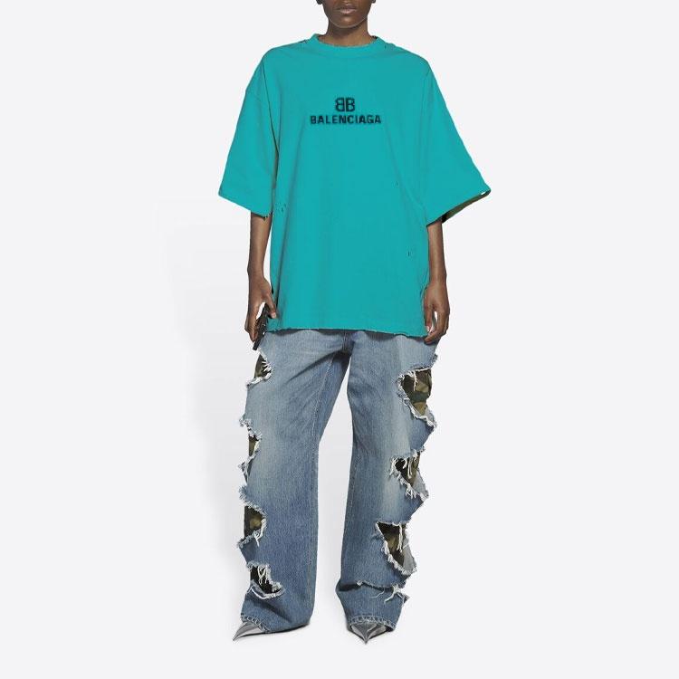 Balenciaga Mosaic Logo BB Alphabet Loose Hole Distress Short Sleeve Unisex Blue 651795TKVF53660