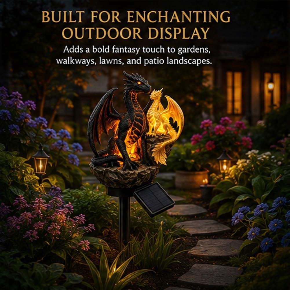 Solar Dragon Statue Light 6.3in Gothic Garden Decor Resin Solar Powered for Patio Walkway Halloween Warm Glow Medieval