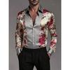 Men's Fashion New Design Printed Rose Men's Printed Rose Satin Shirt Long Sleeve Retro Holiday Wear Collar Button Shirt