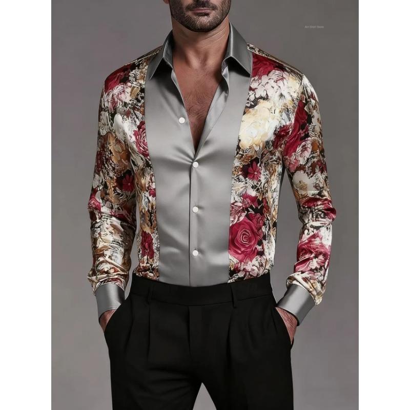 Men's Fashion New Design Printed Rose Men's Printed Rose Satin Shirt Long Sleeve Retro Holiday Wear Collar Button Shirt