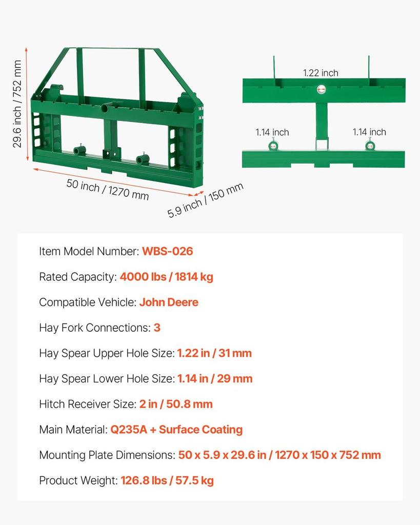 Skid Steer Pallet Frame, 1814 Kg Rated Load Capacity, 115 Cm Pallet Fork Frame Attachments with 50.8 Mm Hitch Receiver & Spear Sleeves, Fit for John