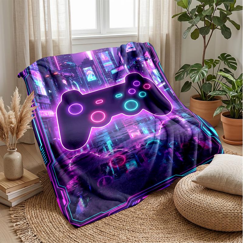 Cyberpunk Game Controller City Blanket Personalized Name Flannel Blanket Soft Cozy Plush Throw for Sofa Bed Lightweight Home Decor