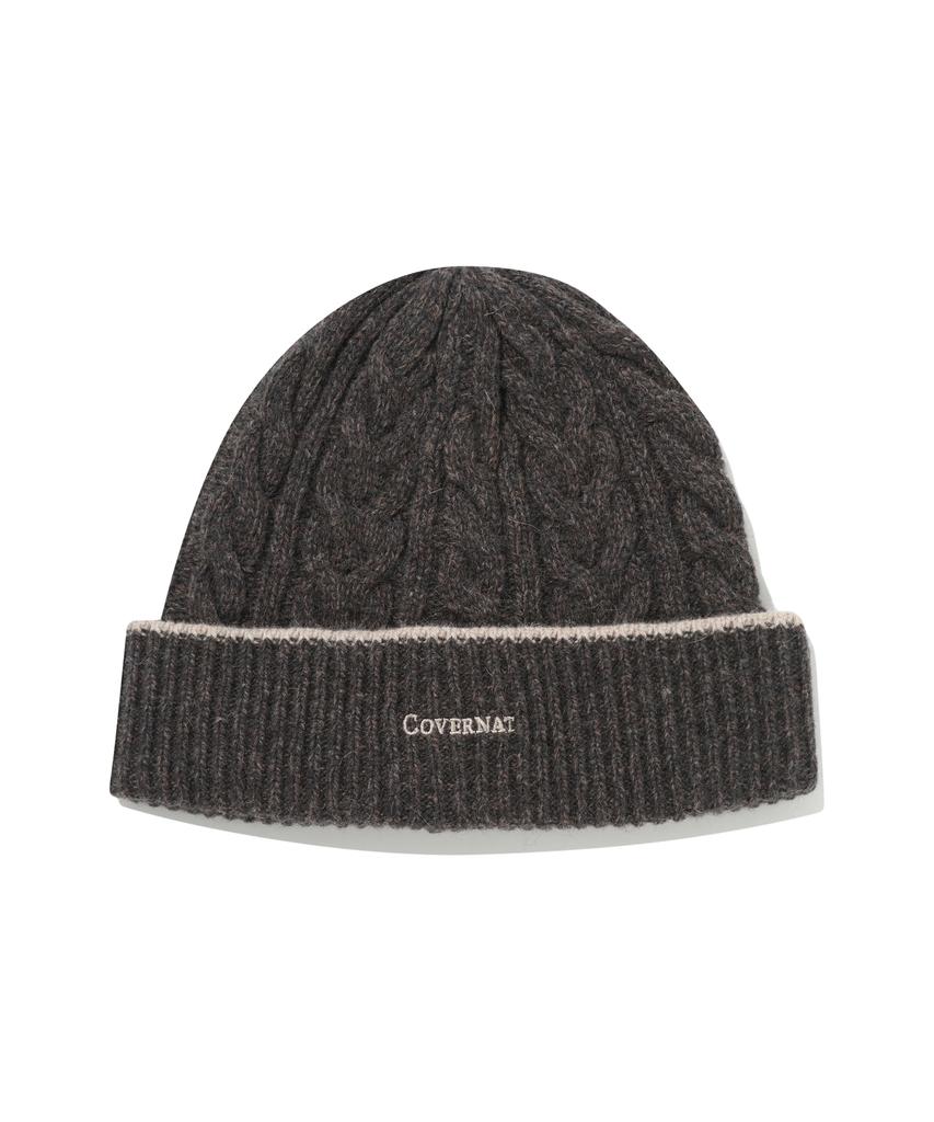 COVERNAT Logo Cable Lambswool Beanie Brown