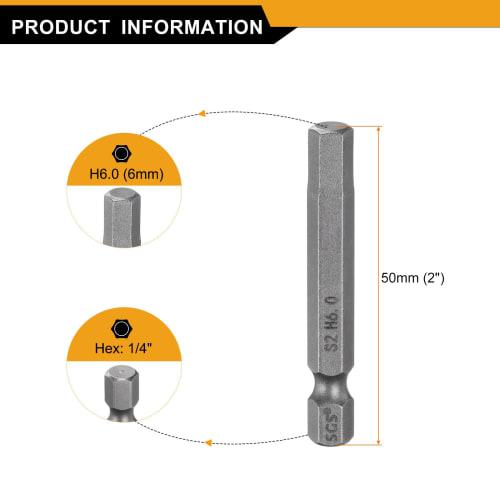 uxcell H6 Hex Bits, 6mm, 3-Piece Set, Hex Shank, Single-Head, Magnetic, for Electric Screwdrivers, 50mm Long, S2 Steel, for Electrical Construction, D