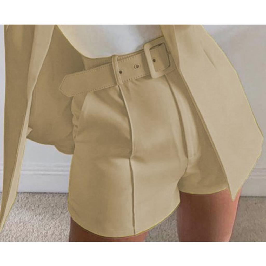 Women's Slim Fit Two Piece Suit Lapel Long Sleeve Blazer High Waist Belted Short Co-ord Outfit Set