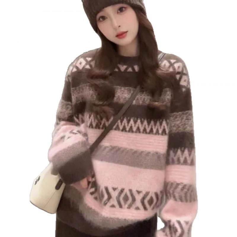 Korean Retro Crew Neck Fair Isle Sweater Women Loose Thick Knit Top Fall Winter