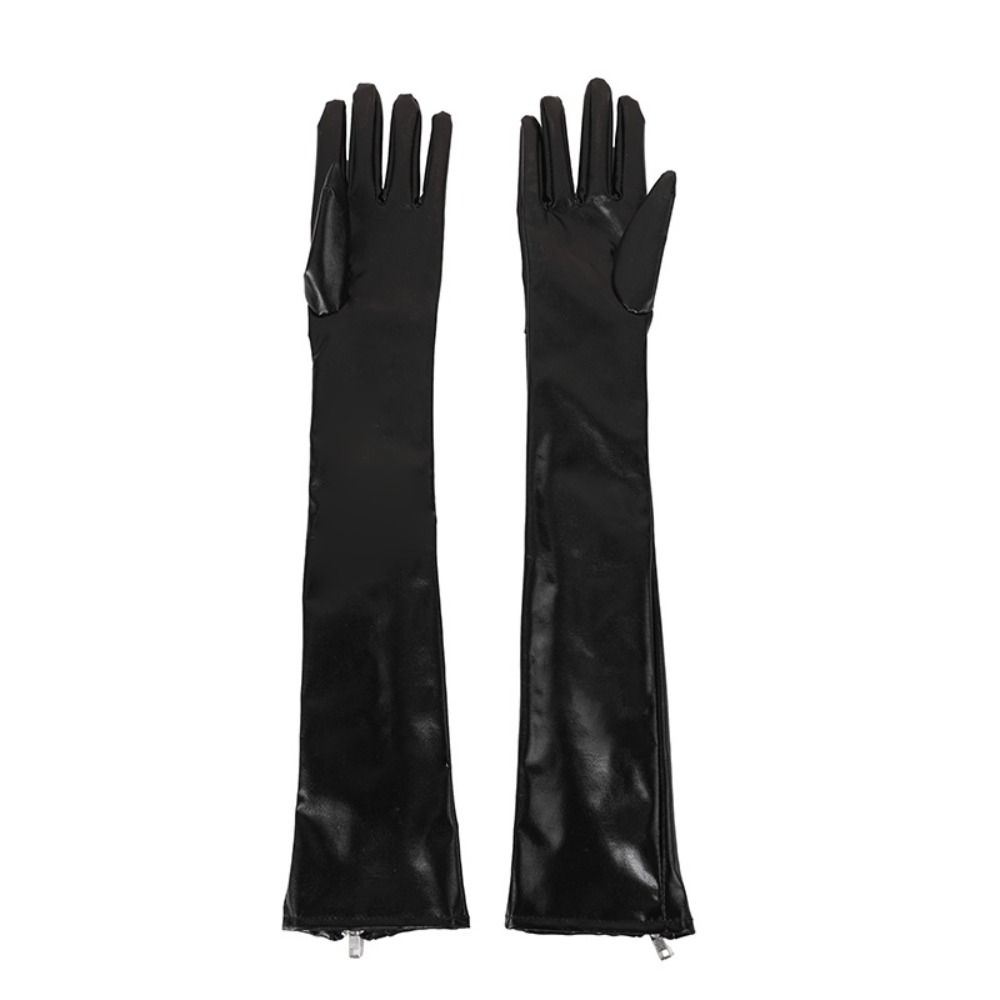 Shiny Zipper Long Gloves Elastic Women Gloves Fashion Patent Leather Black Gloves Women