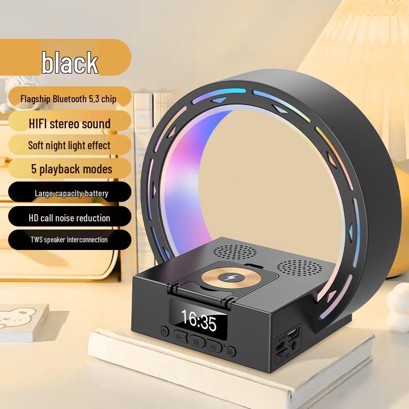 L-35 Bluetooth Speaker with Wireless Charger, Night Light, Clock, and Phone Stand