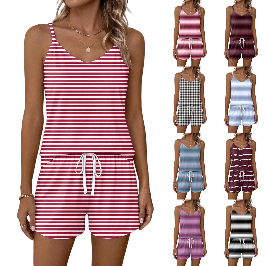 Women Summer Casual Two Piece Set Sleeveless Striped Print Tank Top Square Neck Sportswear with Pockets Shorts Lounge Outfit