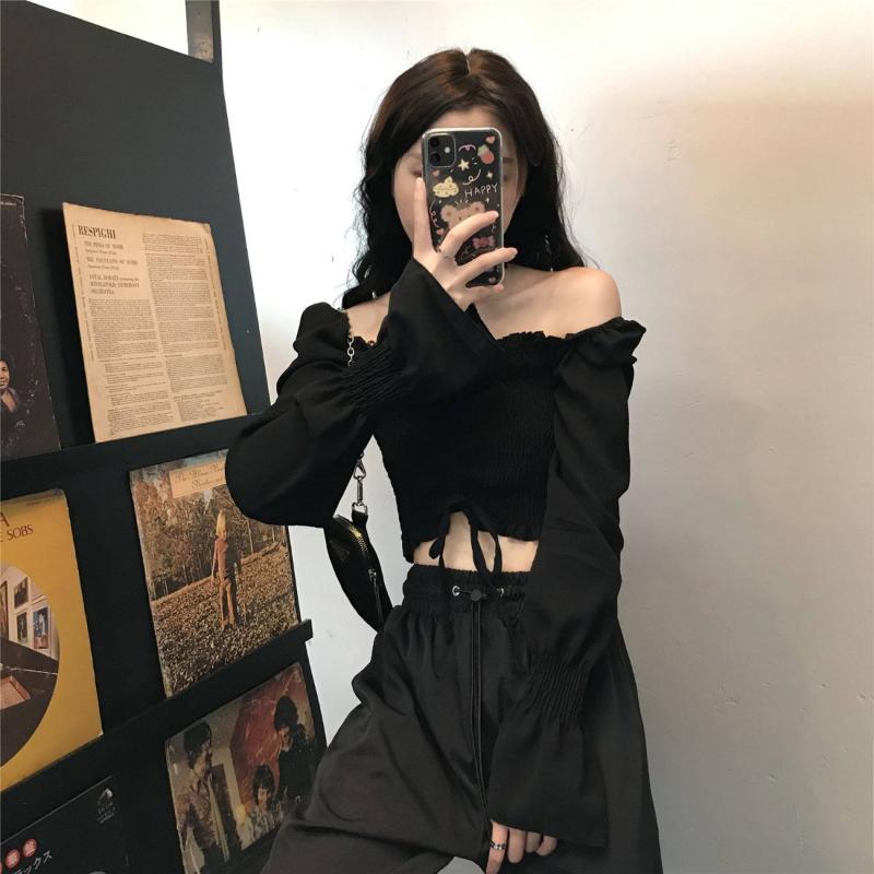 Black Sexy Drawstring Pleat Women Blouse Slash Neck Butterfly Sleeve Cropped Top Hotsweet Elastic Waist Summer Fashion Gothic