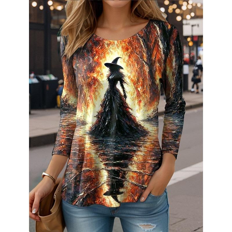 

Women s T shirt Witch Long Sleeve Crew Neck Long Sleeve Casual Round Neck Regular Tops S